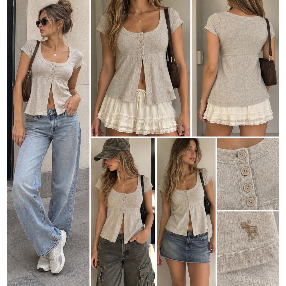 Vintage Abercrombie & Fitch Oatmeal Babydoll Henley Empire Waist Top M Y2K
